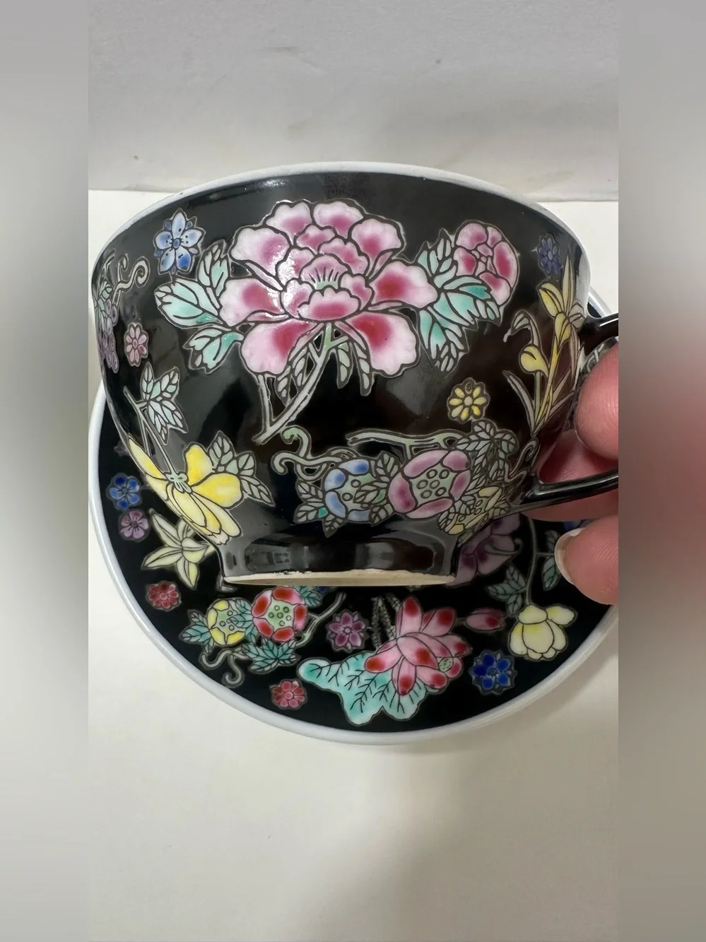 2 Jingdezhen Famille Noire teacup Sets Rose Noire Pink Peonies Black Mille Fleur